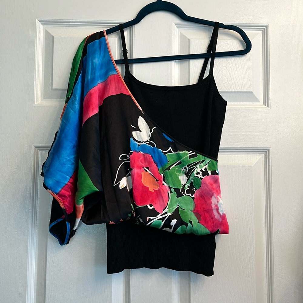 One shoulder floral silk / black top - Bebe - S